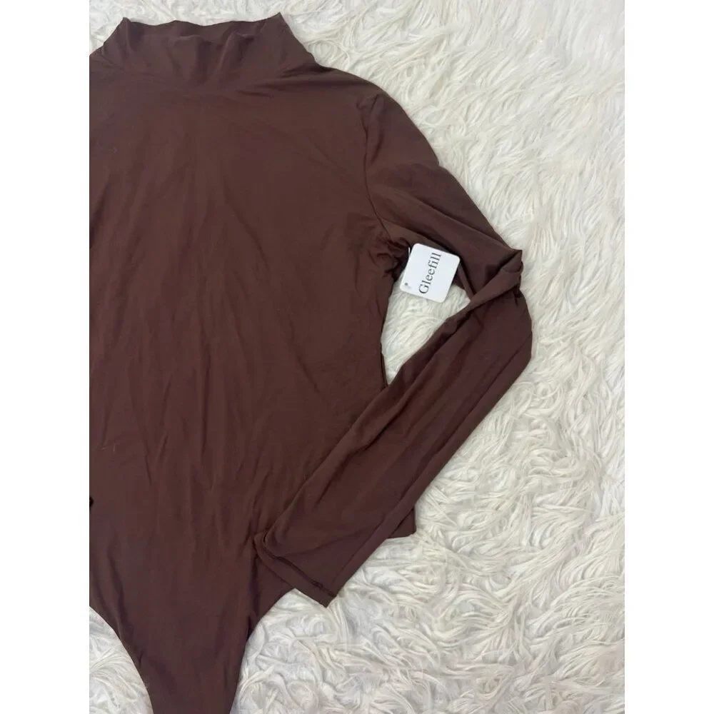 Gleefill NWT Women’s Size XL Brown Long sleeve Bodysuit Mock Neck Thong Back